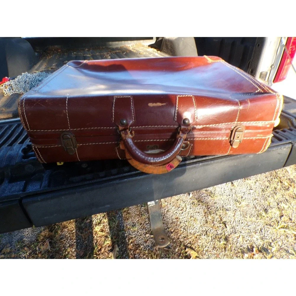 Vintage Steamer Suitcase Brown Leather Horn Luggage Travel Briefcase Bag